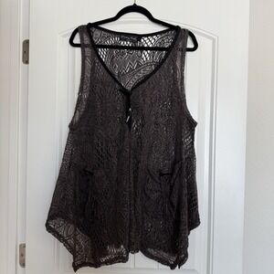 Pretty Angel L Gray/Black Crochet Lace Tank Floral Knit Boho Y2K Festival Sheer